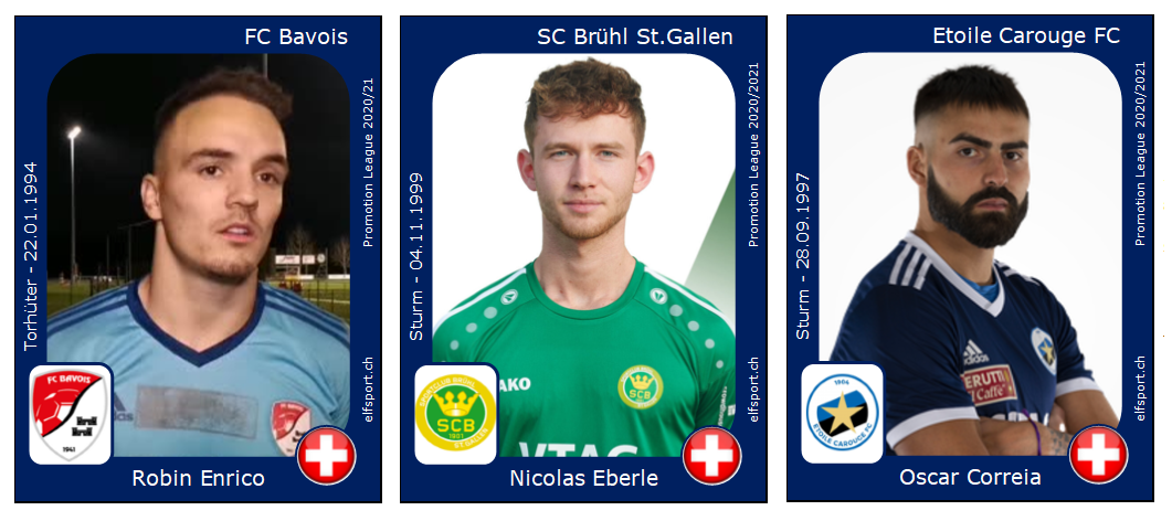 Promotion League 2020/21, Robin Enrico - FC Bavois, Nicolas Eberle - SC Brühl, Oscar Correia - Etoile Carouge