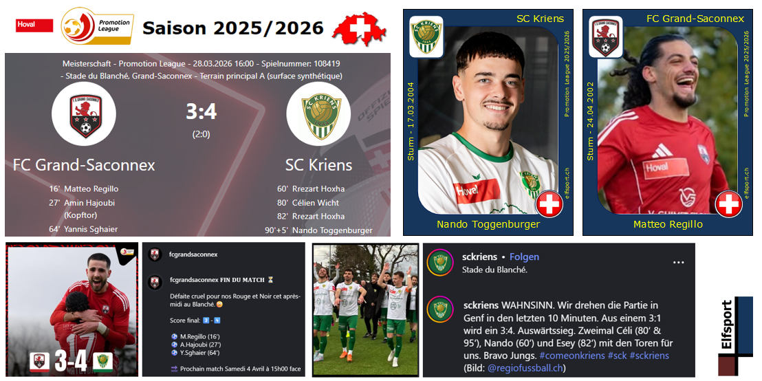 Promotion League Saison 2025/26, Resultate und Tabellen - SC Kriens dreht Spiel in den Schlussminuten - 28.03.2026