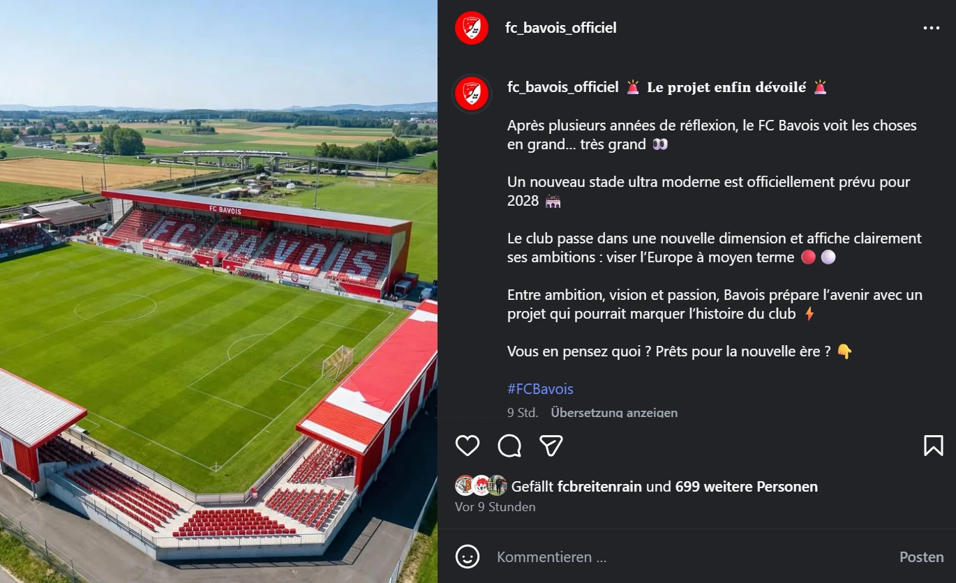 Promotion League News Saison 2025/26 - Aprilscherz des FC Bavois - ab 2028 steht ein ultramodernes Stadion in der Waadtländer Pampa - 01.04.2026
